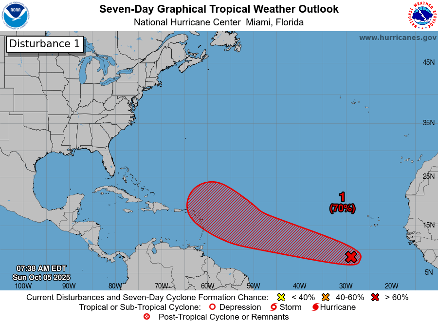 AL95 now has a high chance of formation in 7 days, forecast to approach the Leeward Islands by late this week