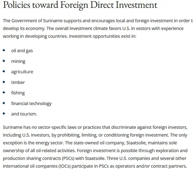 VS: Surinaams investeringsklimaat verbetert; hervormingen en olieproject stuwen vertrouwen