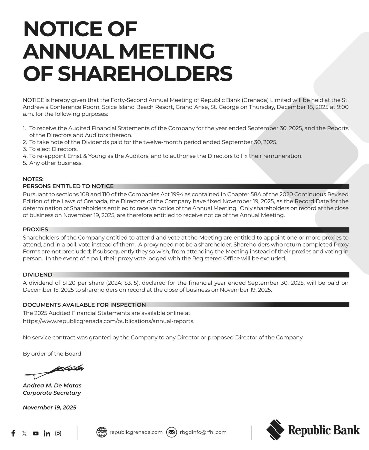 Republic Bank (Grenada) Ltd: Notice of Annual Meeting of Shareholders