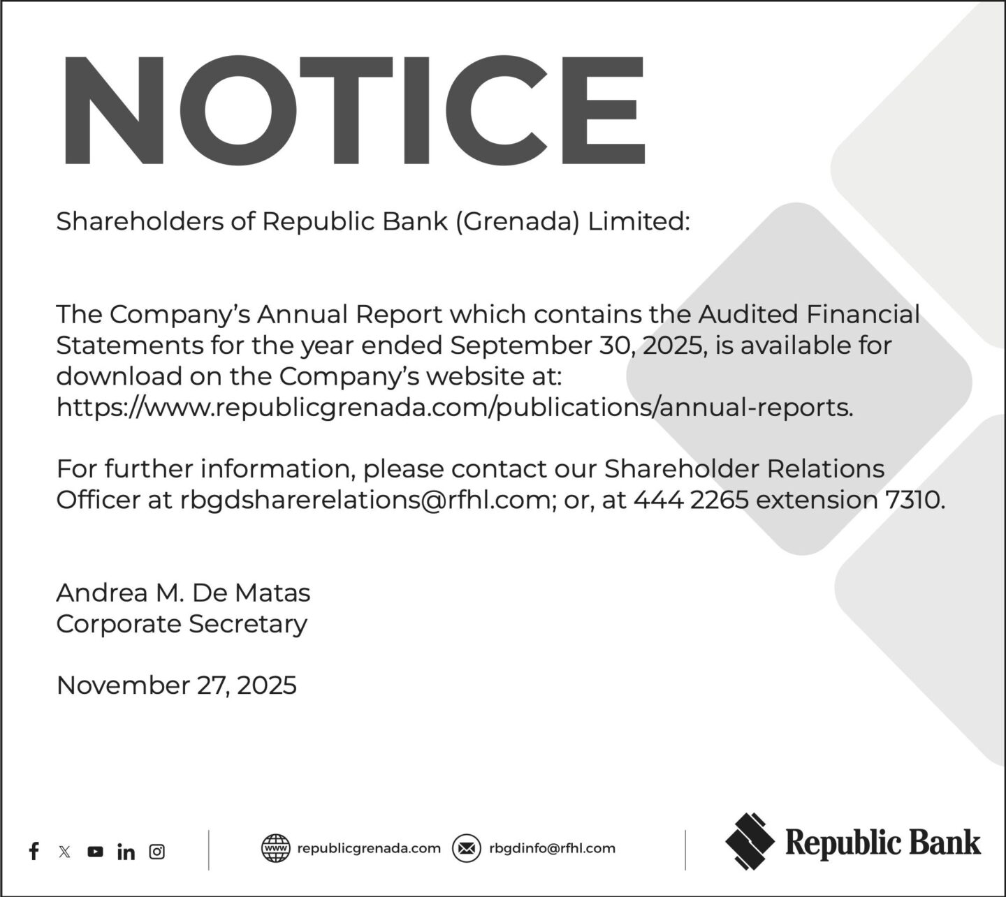 Republic Bank (Grenada) Limited: Notice to Shareholders for Annual Report