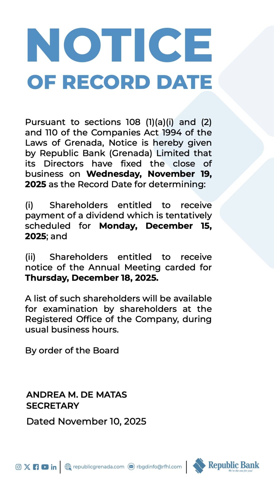 Republic Bank (Grenada) Limited: Notice of Record Date