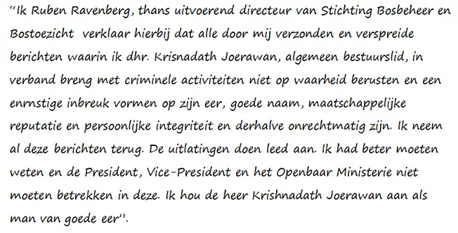 Ravenberg geeft gehoor aan rechterlijk vonnis in zaak Joerawan