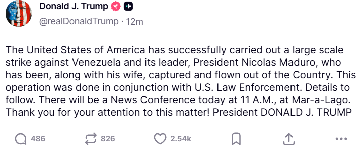 Maduro, wife arrested and flown out of Venezuela,  says Trump