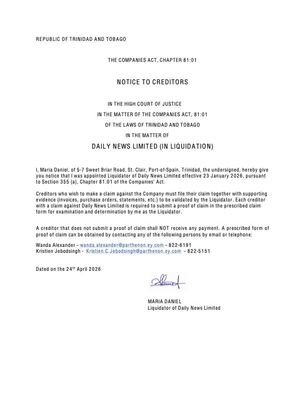 Daily News Limited – Newsday – Notice to Creditors 2026