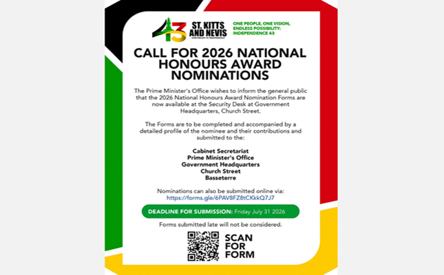 Government of Saint Kitts and Nevis Calls for Nominations for 2026 National Honours Awards