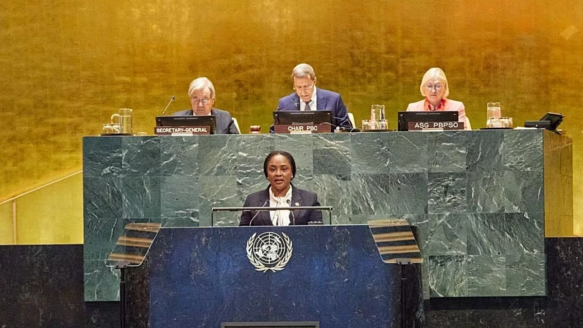 Haiti’s Minister Sandra Paulemon addresses the UN