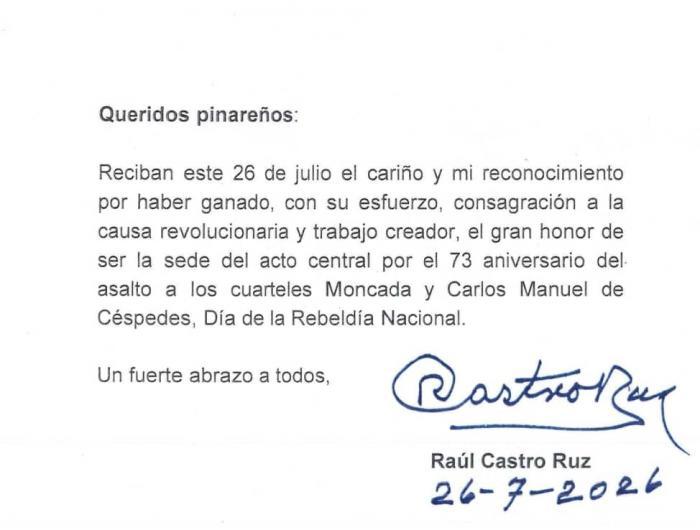 Message from the Army General to the people of Pinar del Río