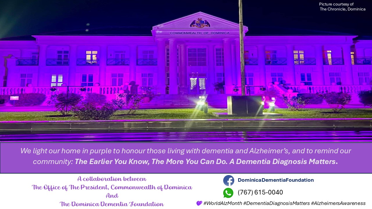 The Dominica State House is lit purple to commemorate World Alzheimer’s Day