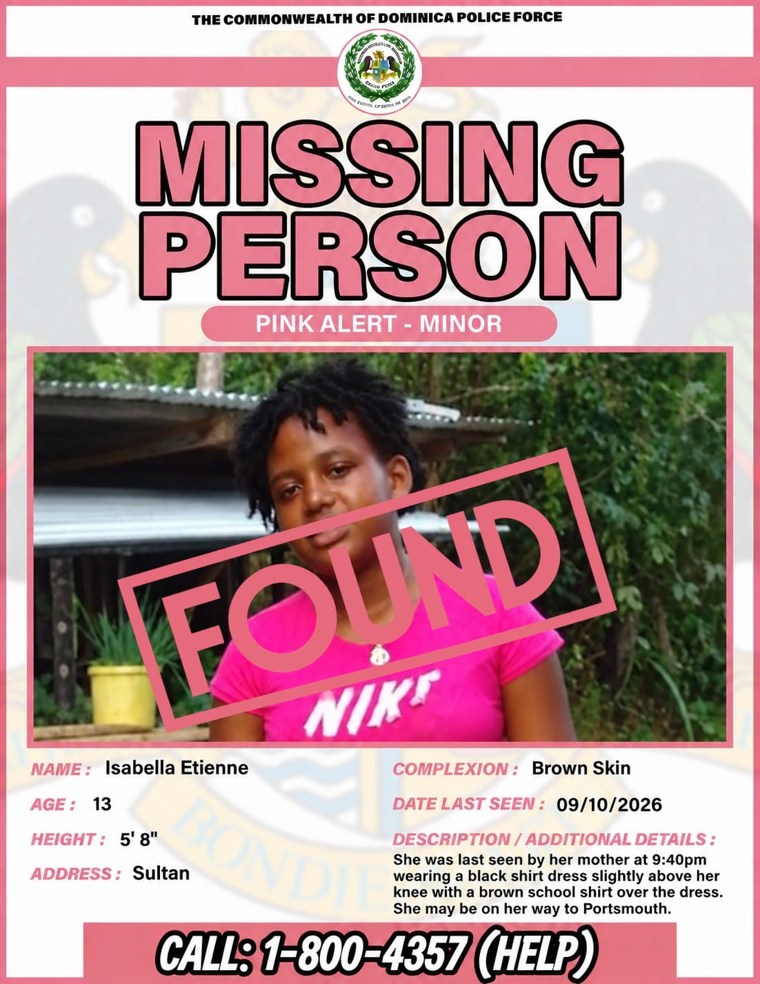 FOUND – Missing Person Pink Alert- Isabella Etienne